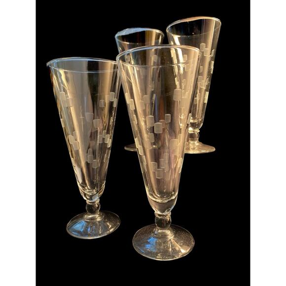 Set of Four Vintage Anchor Hocking Grey Etched CUBIST Pilsner Glasses 7 1/2” MCM - Picture 10 of 12